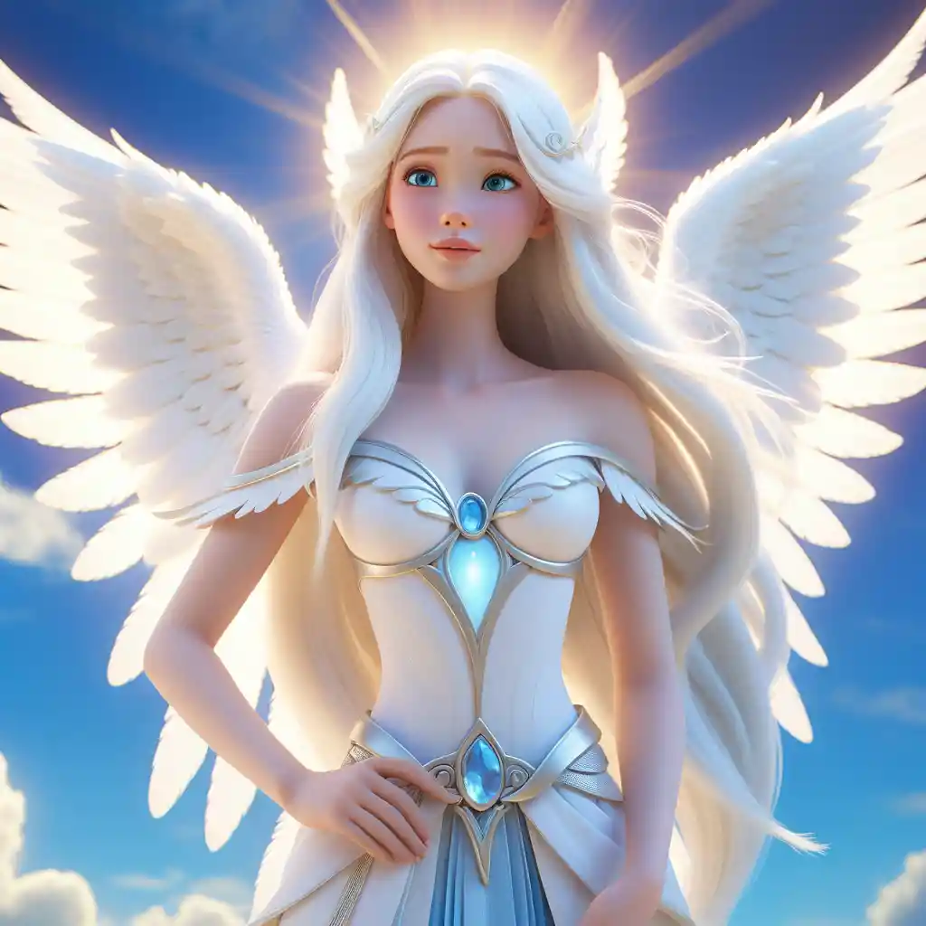 Angelic woman with white wings in a radiant heavenly sky