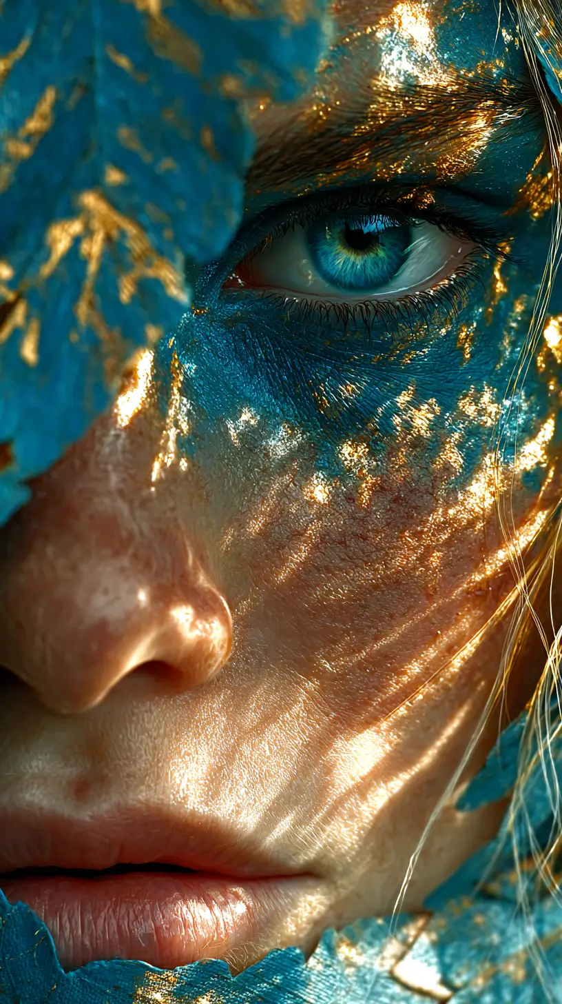 Mystical woman framed by blue leaves and golden light
