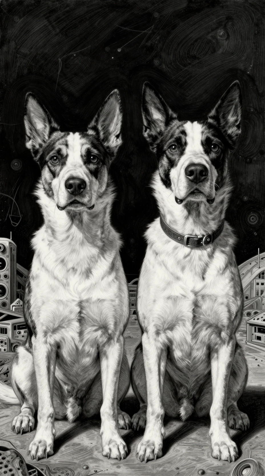 Zwei kontrastierende Hunde in einer Sci‑Fi-Panoramaillustration