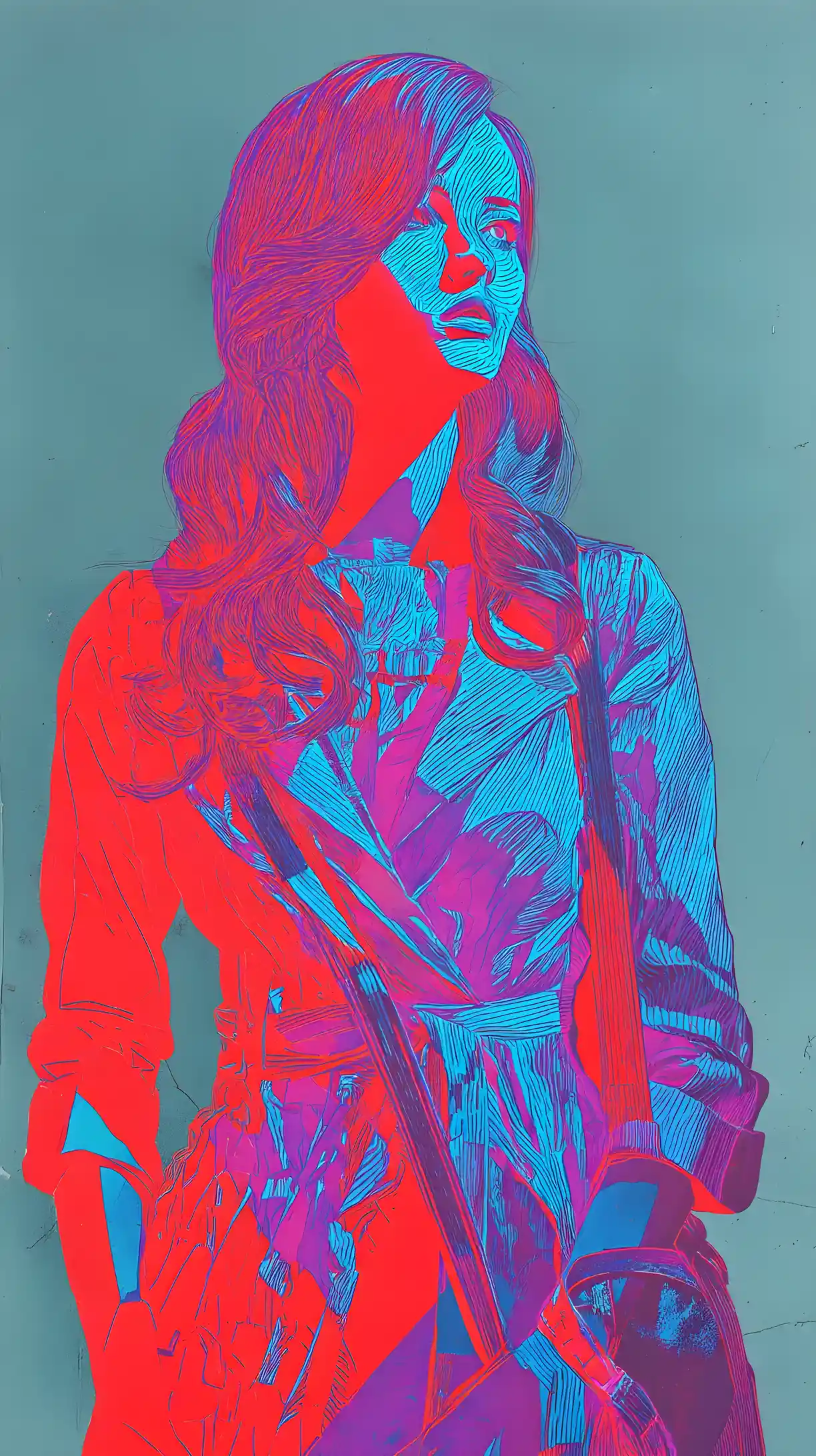 Eerie cyborg model with long wavy hair in full body view