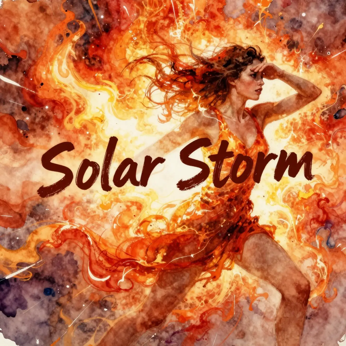 Watercolor woman in a fiery abstract solar storm scene