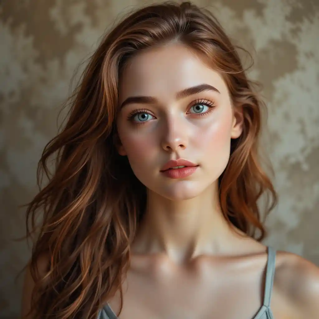 Serene auburn haired young woman portrait in soft light