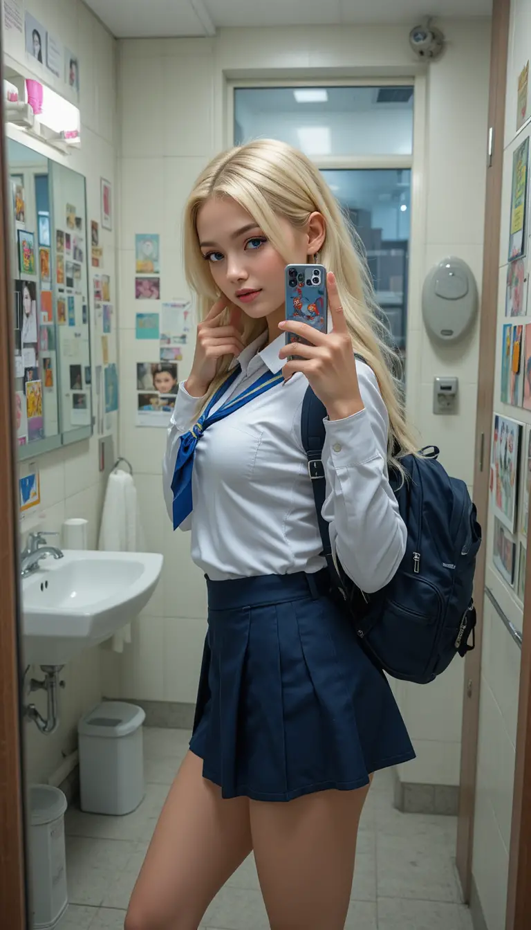 Blonde student girl selfie in a colorful school bathroom