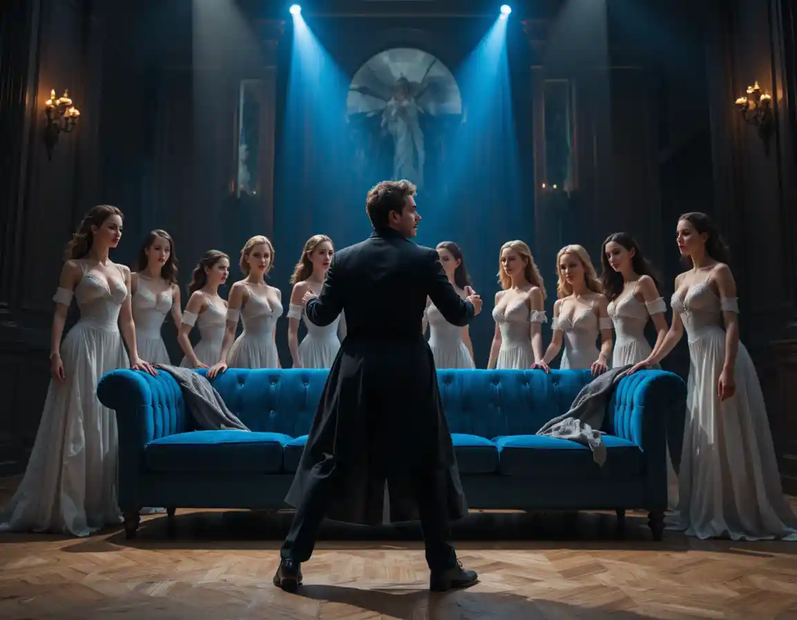 Dancing man in black on dramatic theater stage