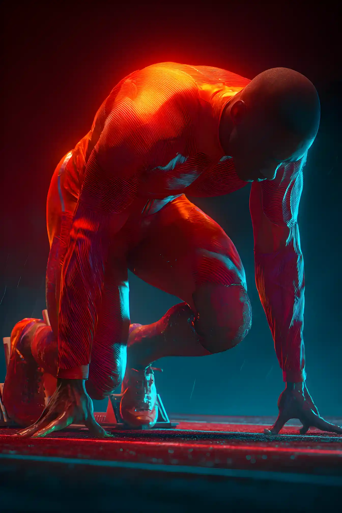 Professional sprinter poised at the starting line in dynamic light