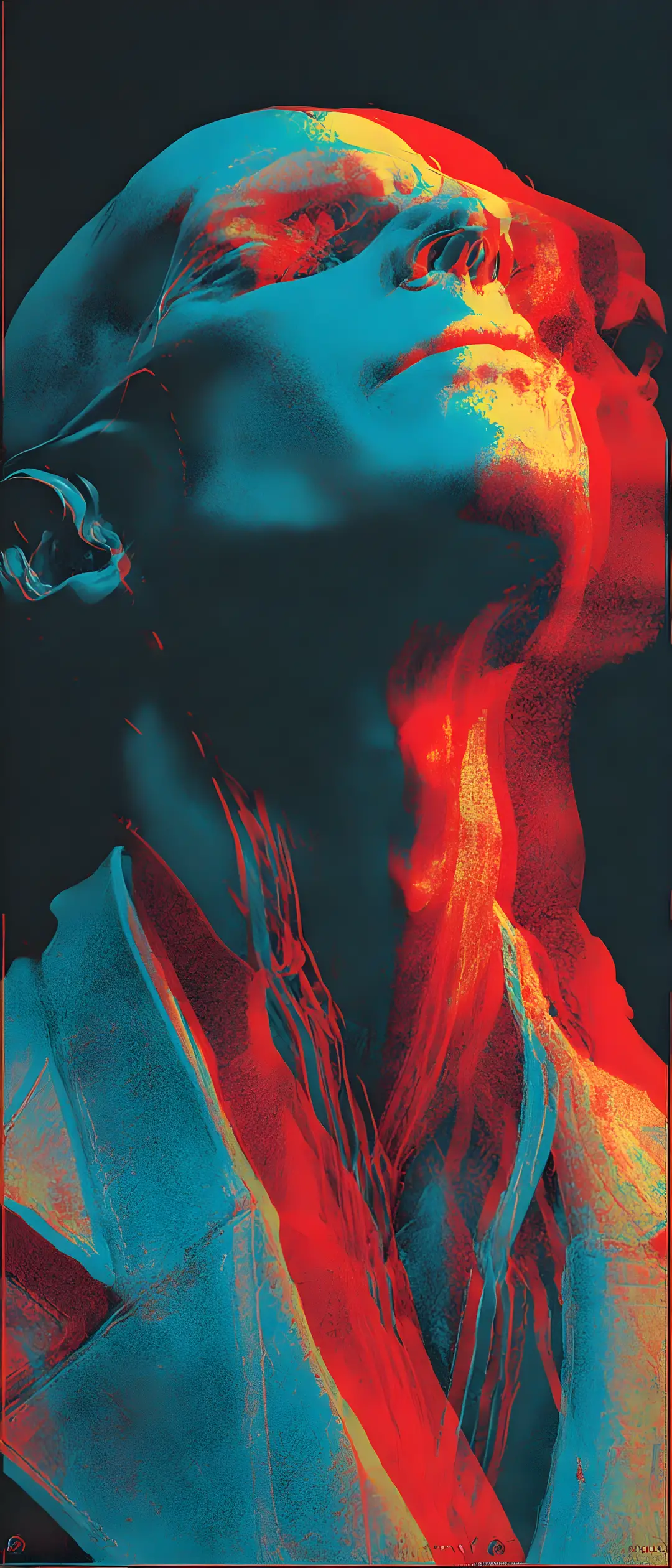 Cyborg vampire in vibrant high contrast risograph style