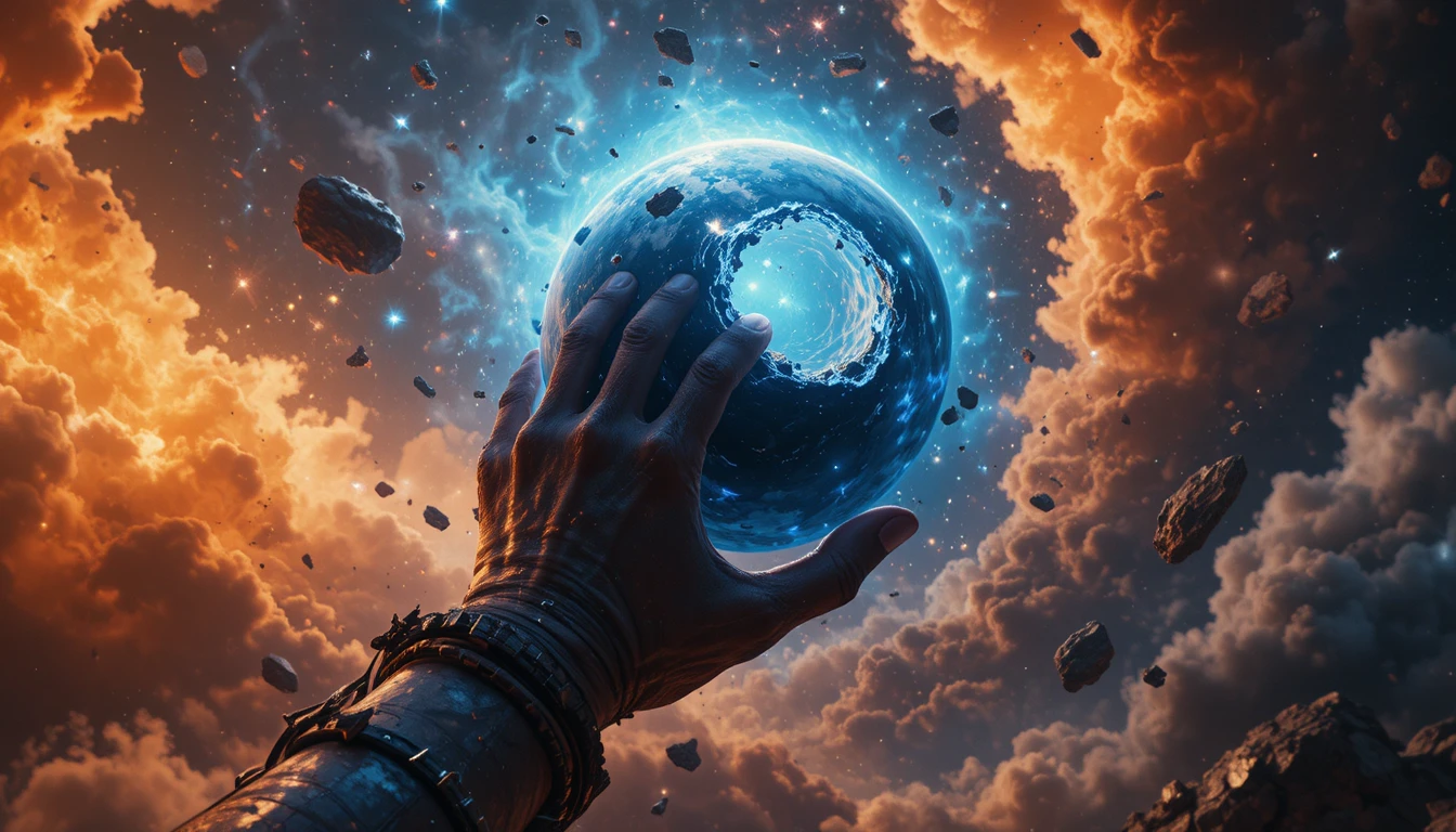 Mano cósmica agarrando un planeta destrozado entre nubes de nebulosa brillantes