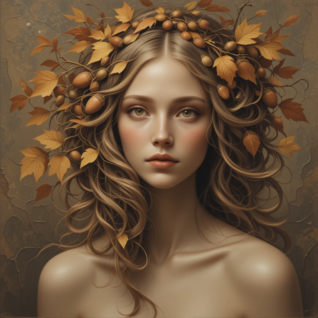Autumn goddess portrait with golden eyes and leaf hair