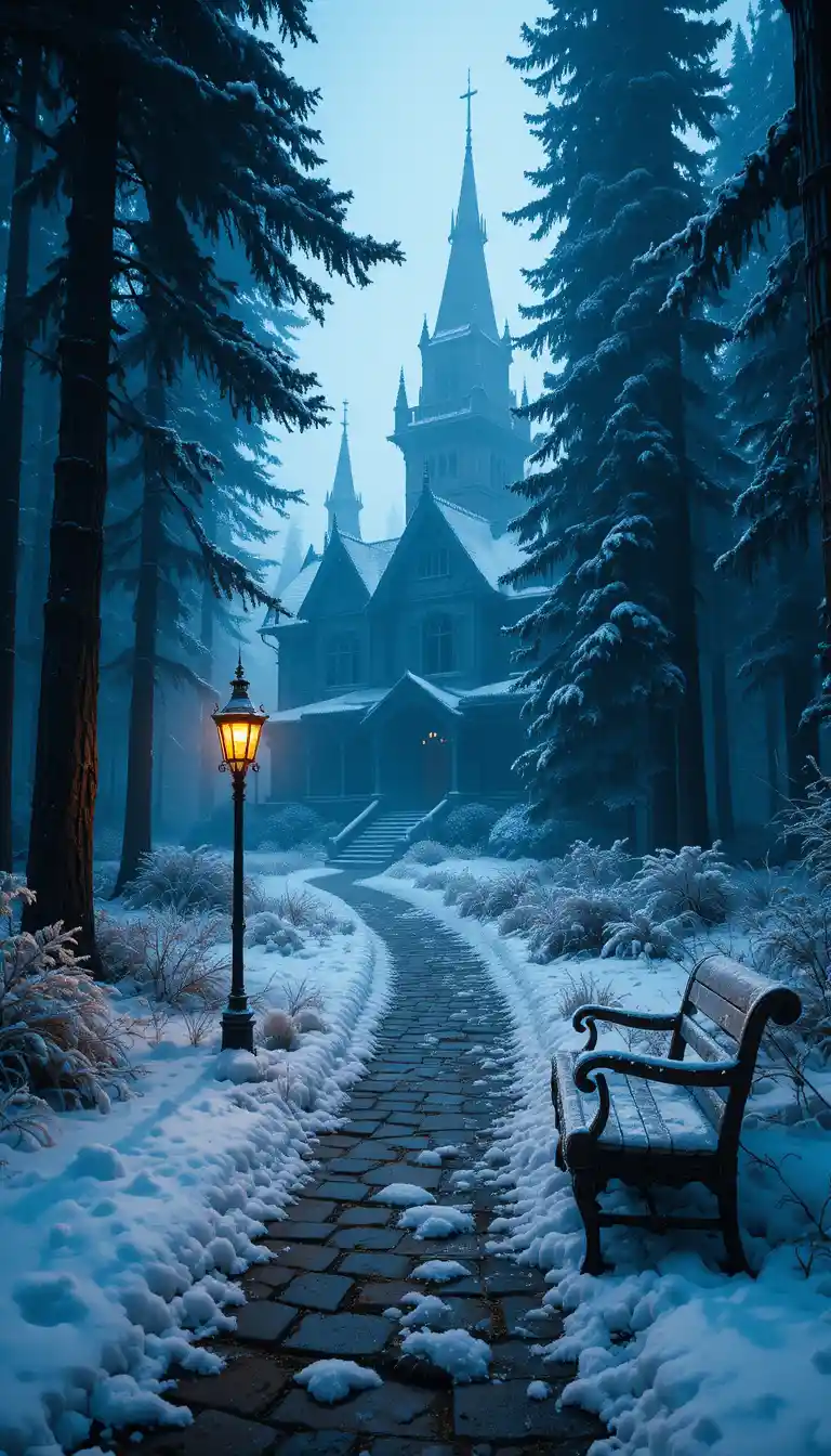 Viktorianisches Herrenhaus, das aus Nebel in einem verschneiten Wald auftaucht