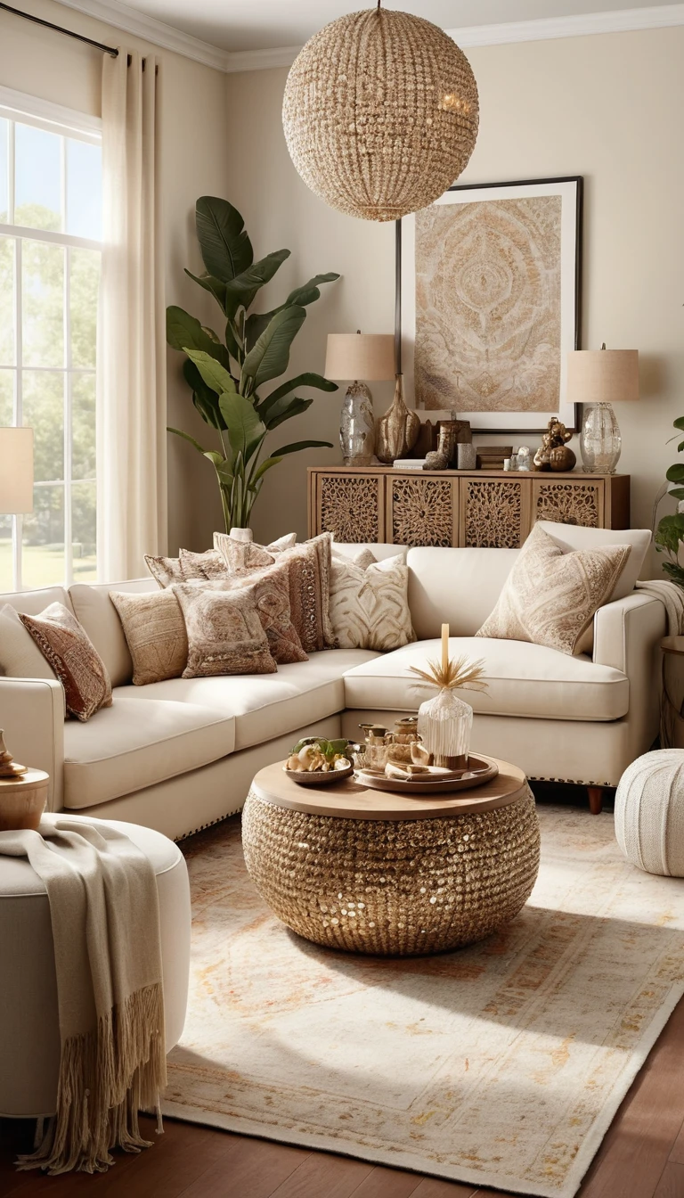 Salon bohème avec accents décoratifs beige crème