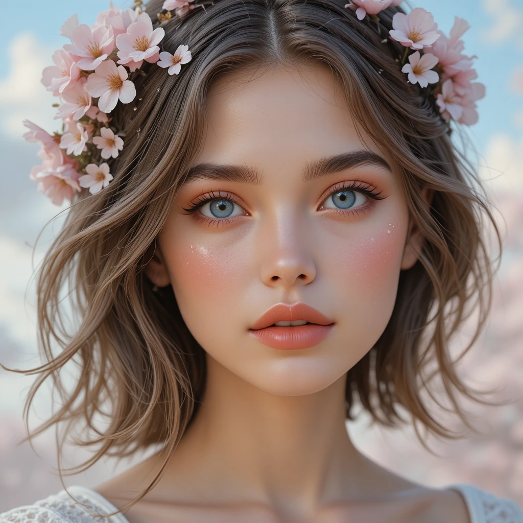 Dreamy close up portrait of girl with cherry blossoms
