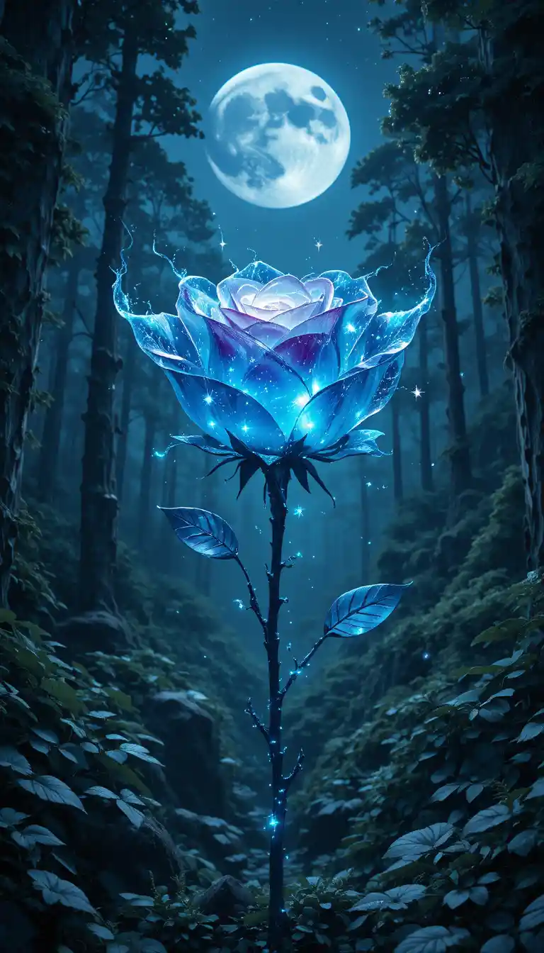 月光魔幻森林中閃耀的發光玻璃玫瑰