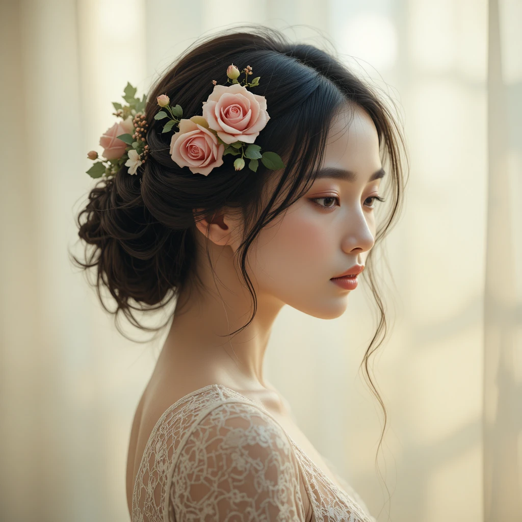 側臉年輕女子，髮間點綴玫瑰花