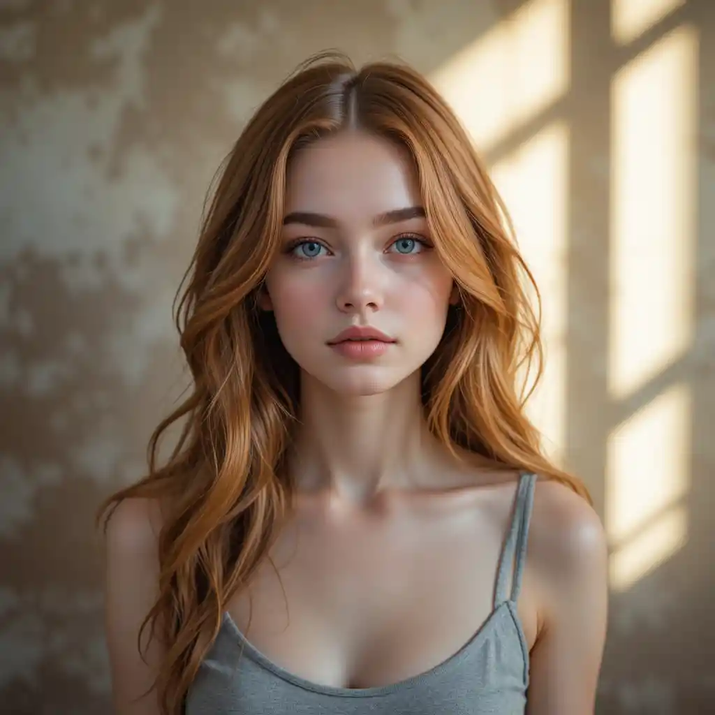 Ritratto sereno di una giovane donna in una morbida luce calda d'interno