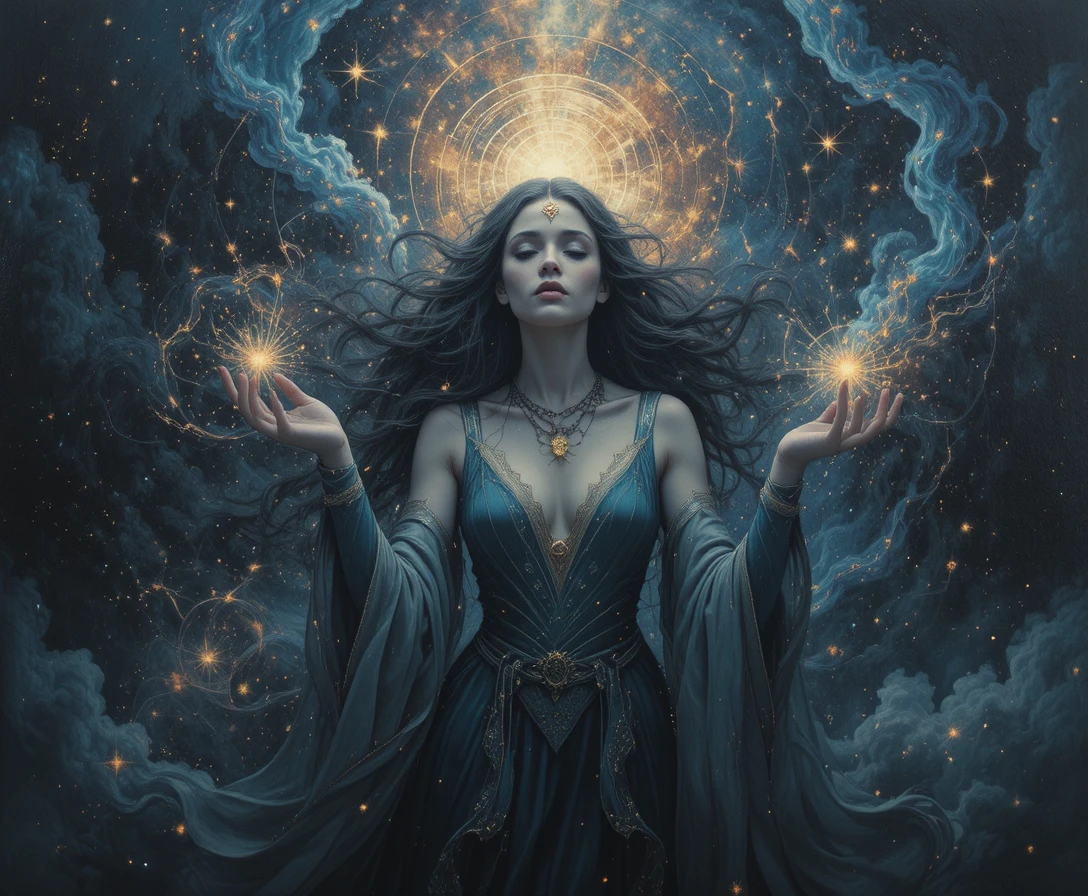 Solitary sorceress channeling cosmic power in celestial portrait