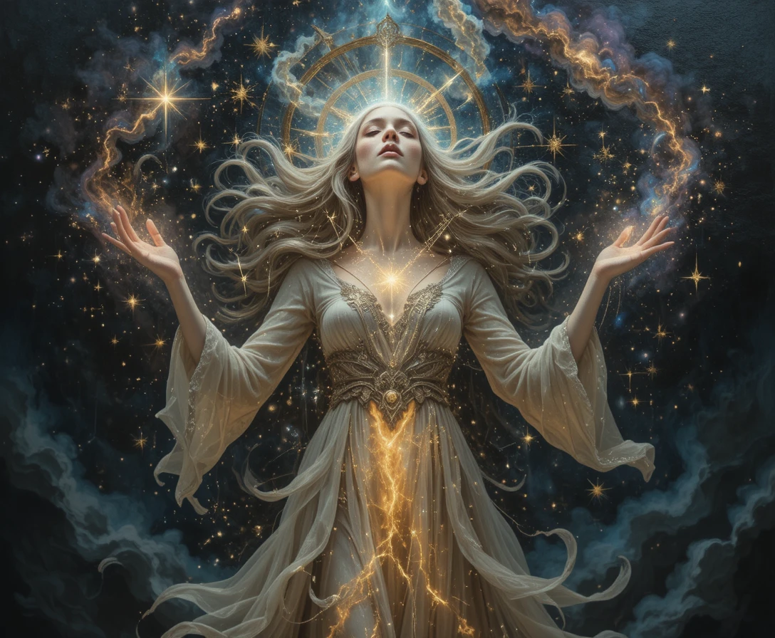 Ethereal sorceress channeling cosmic power in starry void