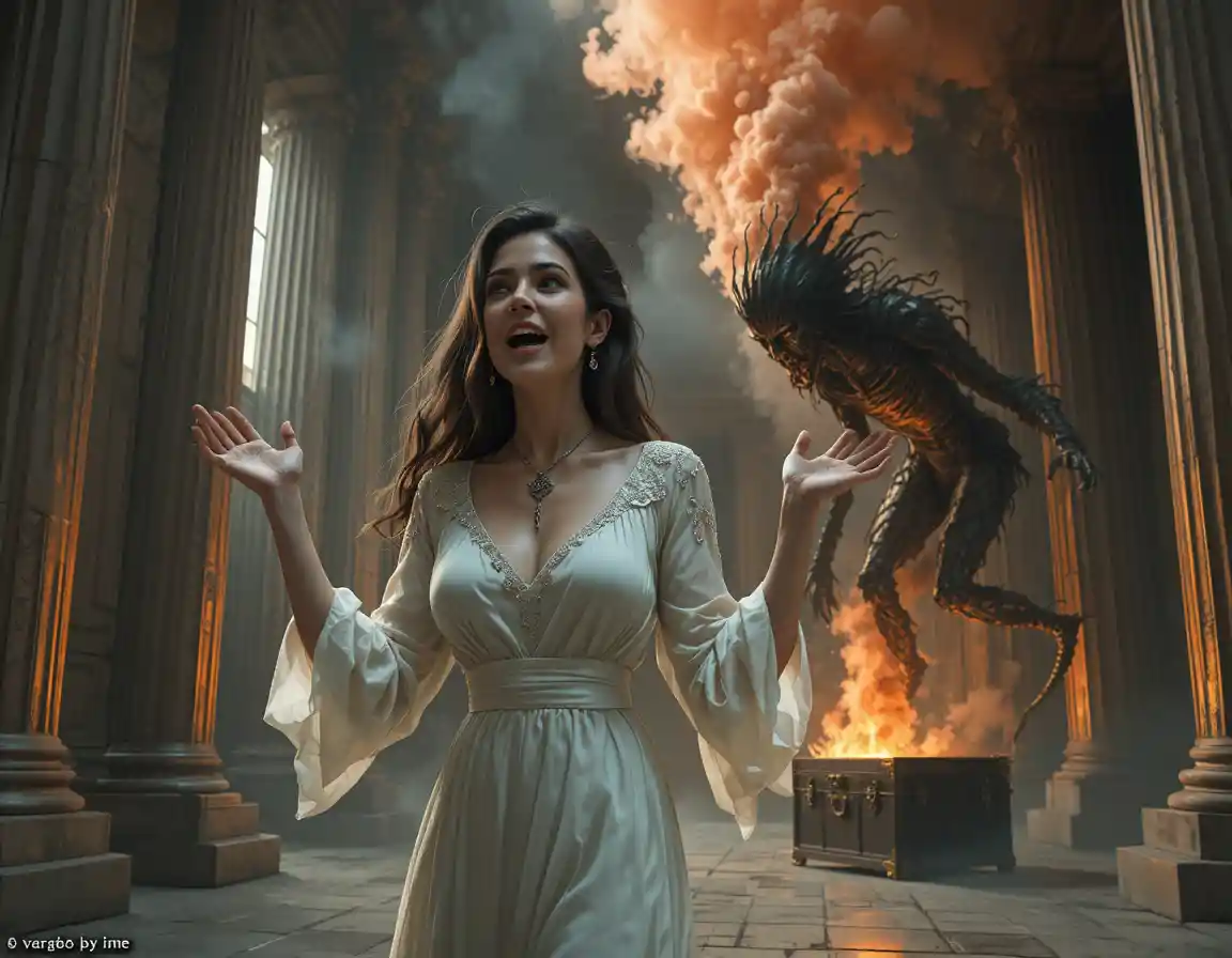 Kneeling woman facing tentacled demon in ancient ruins