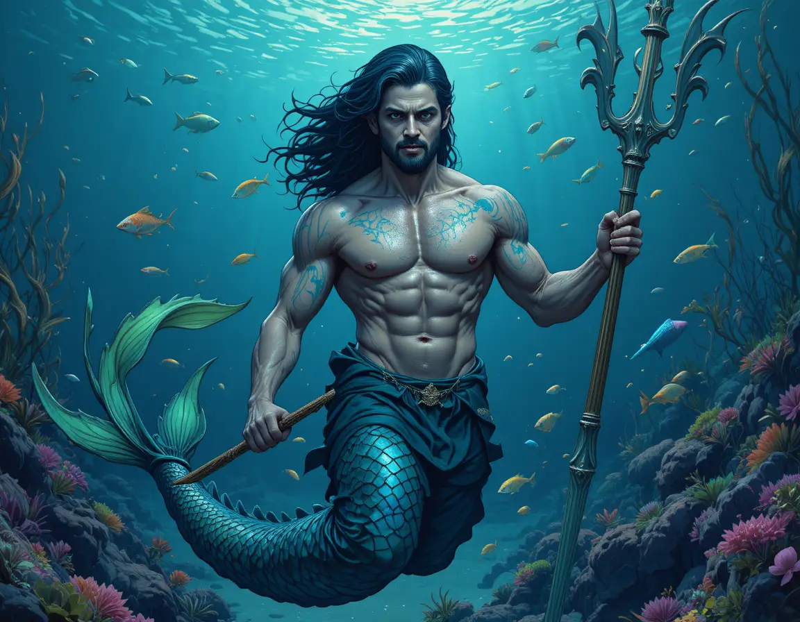 深藍大海中的持矛肌肉人魚戰士