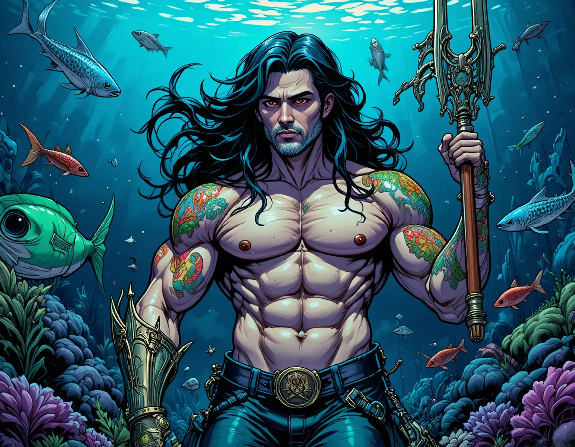 深藍海洋中持矛的肌肉美人魚戰士