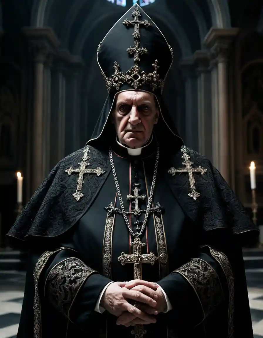 Dark pope figure in black orthodox regalia with inverted crosses