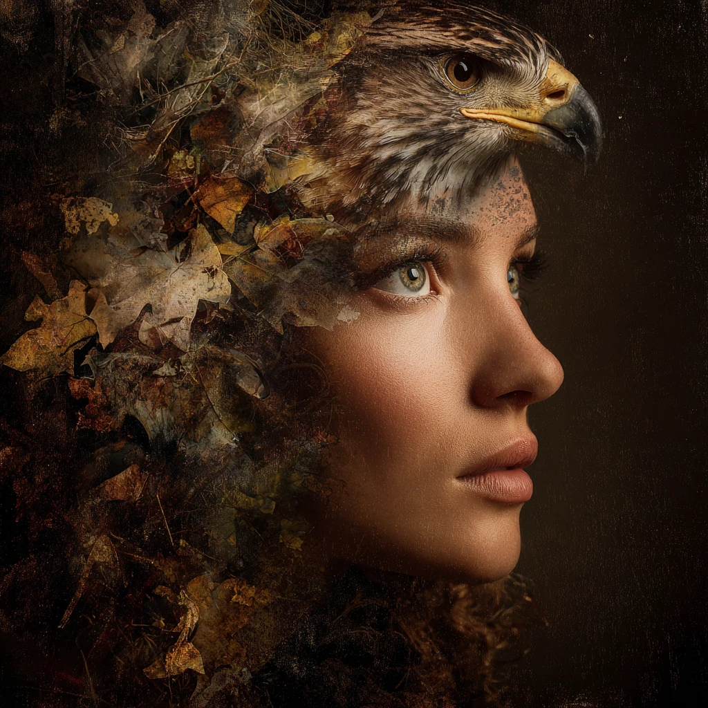 Portrait surréaliste d’une femme fusionnée avec un aigle face à l’appareil photo