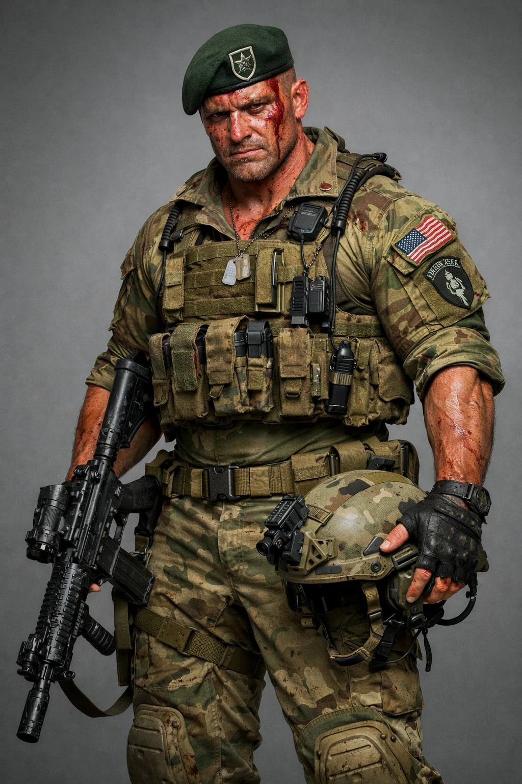 Soldat béret vert marqué par la bataille en vue 3D corps entier