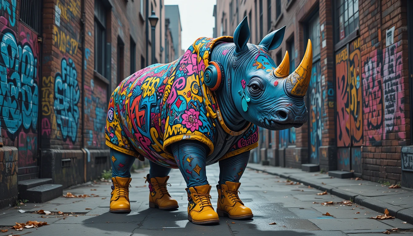 Rhinocéros graffiti en streetwear se promenant dans une ruelle urbaine