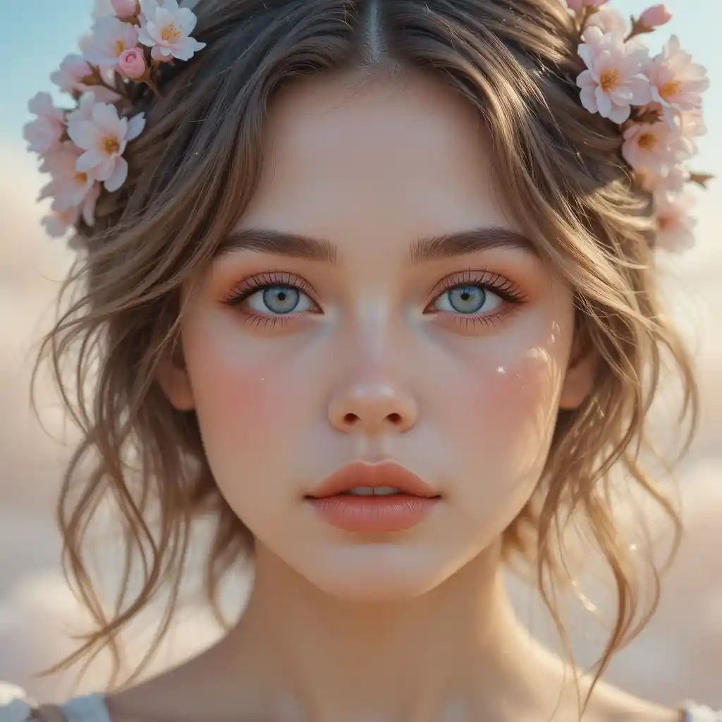 Retrato en primer plano onírico de chica con flores de cerezo