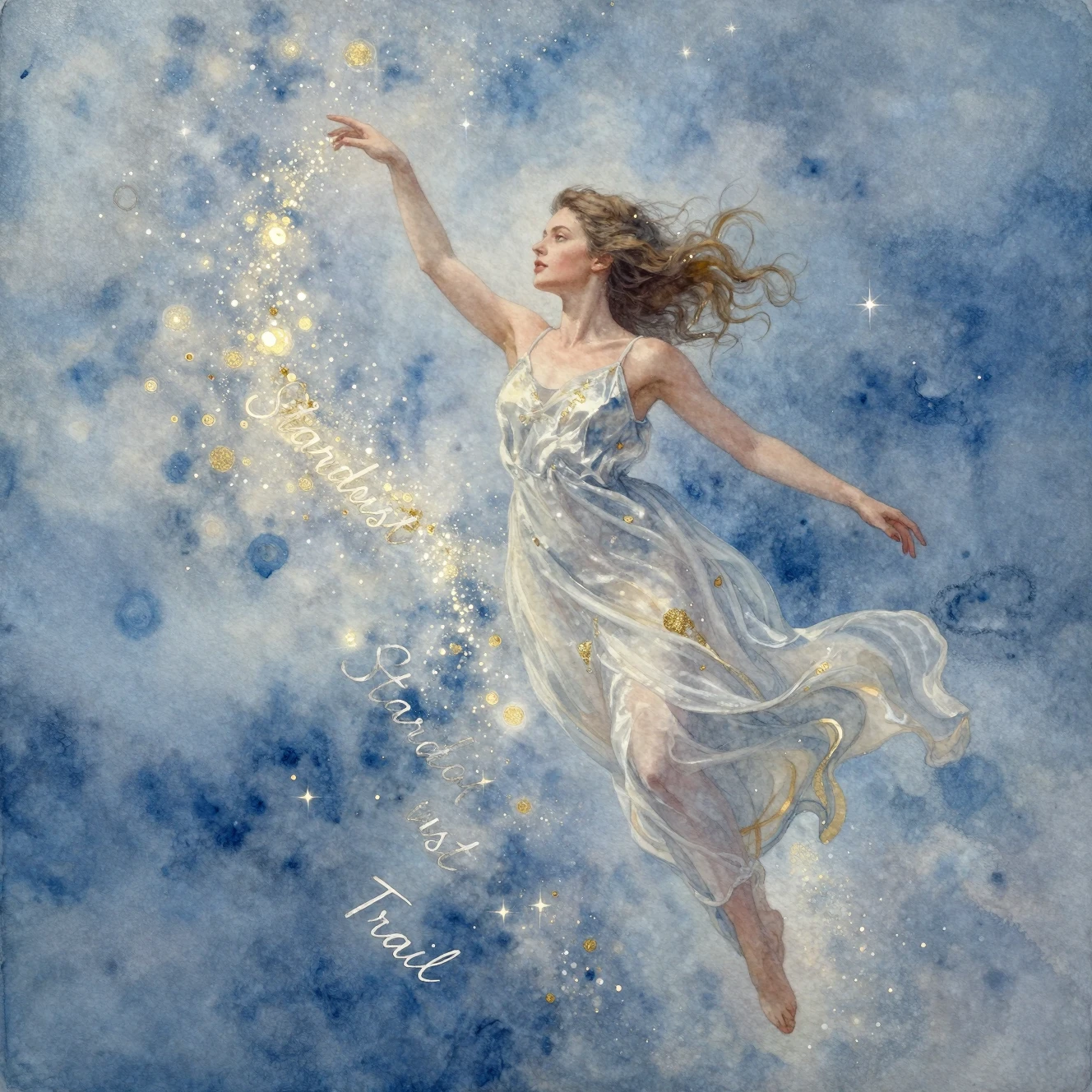 Watercolor girl drifting along a glowing stardust path