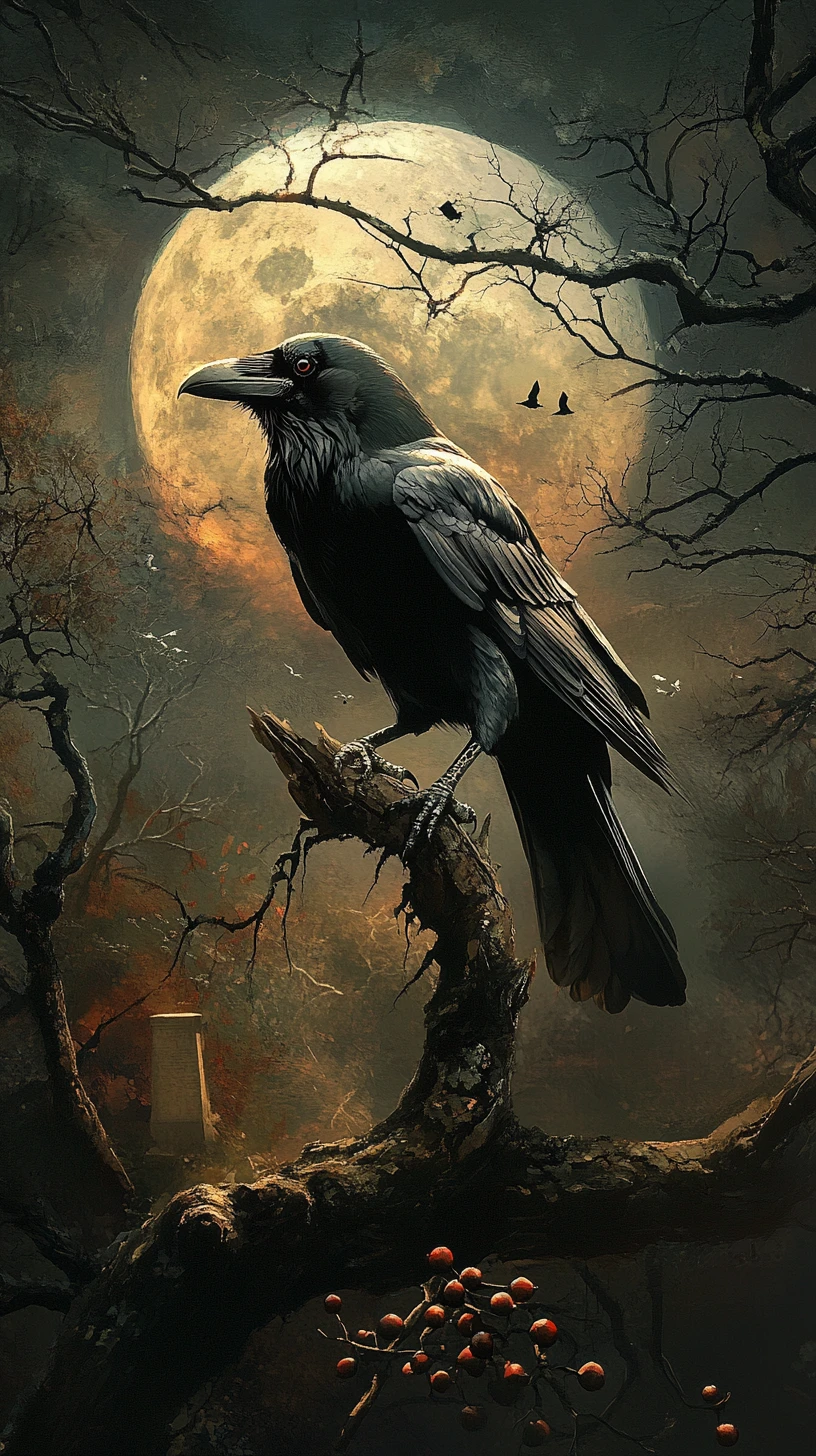 Corvo su ramo contorto sotto la luna nella foresta oscura