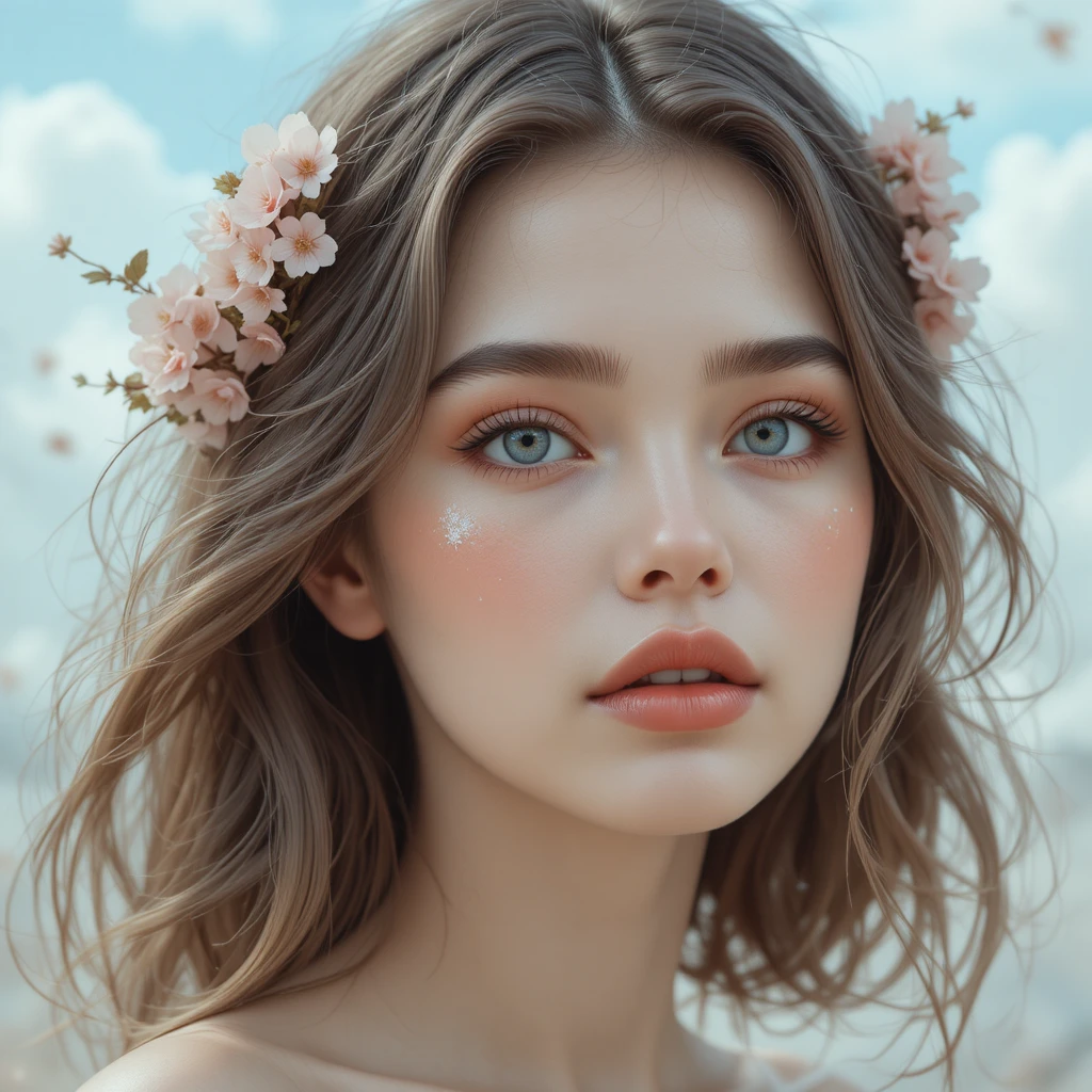 Chica de ojos azules con flores de cerezo y piel radiante