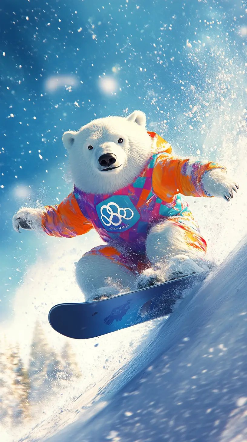 Polar bear snowboarding toward the finish line in snow