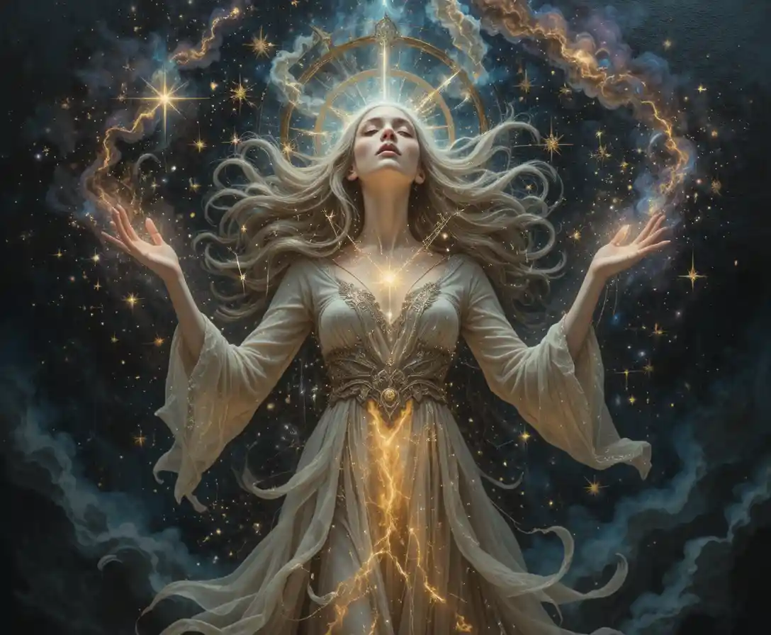 Ethereal sorceress channeling cosmic power in starry void