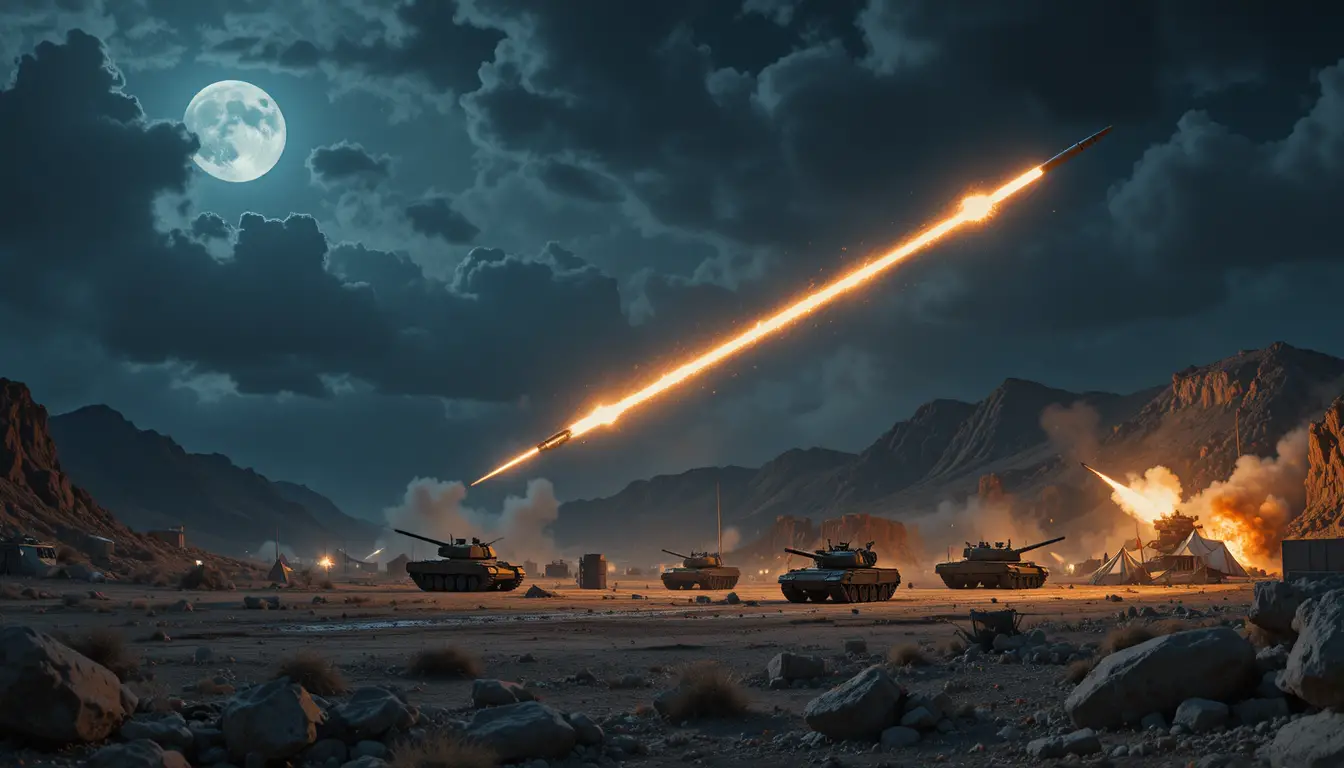 Night rocket barrage over a stormy desert battlefield