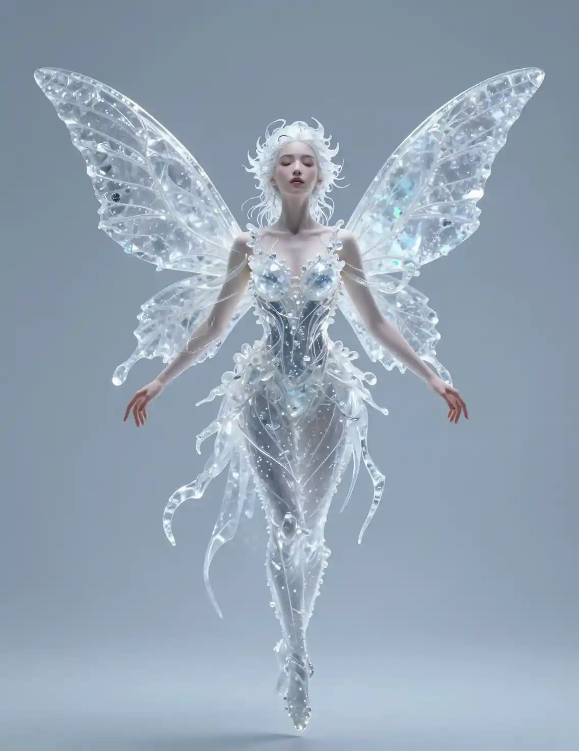 Crystalline Winged Woman Floating In Soft Icy Light