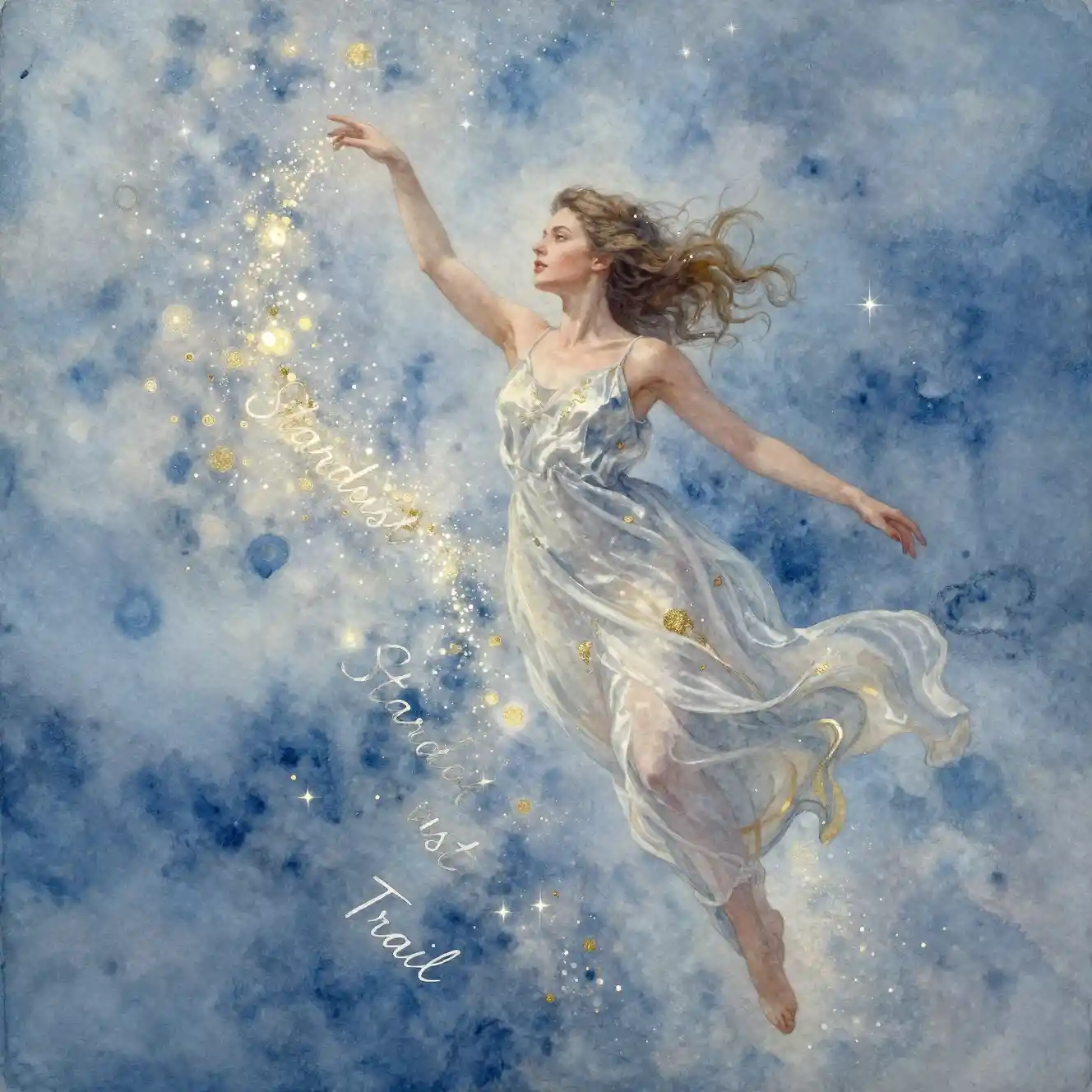 Watercolor girl drifting along a glowing stardust path