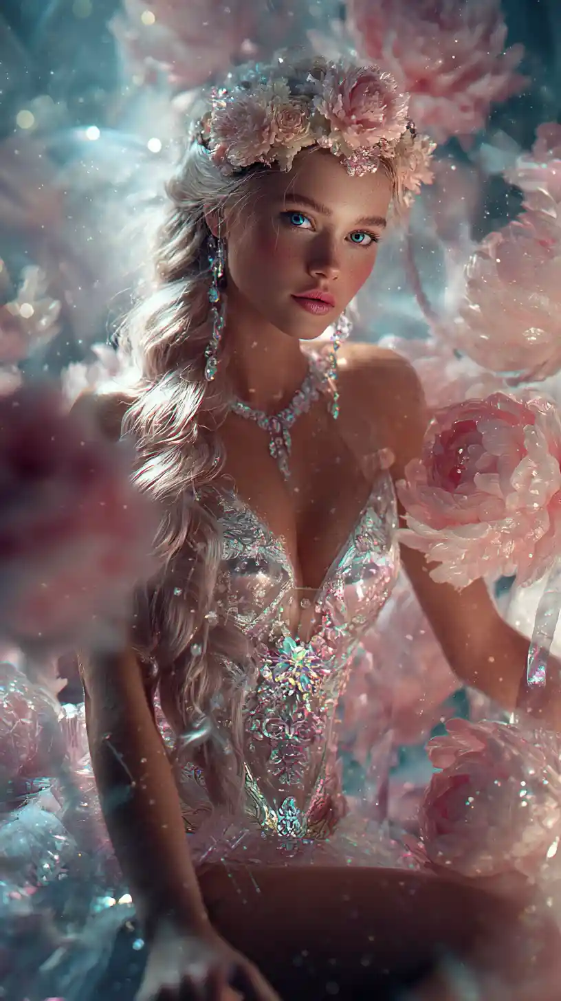 Fantasy nymph woman in peony flowers with shimmering dress