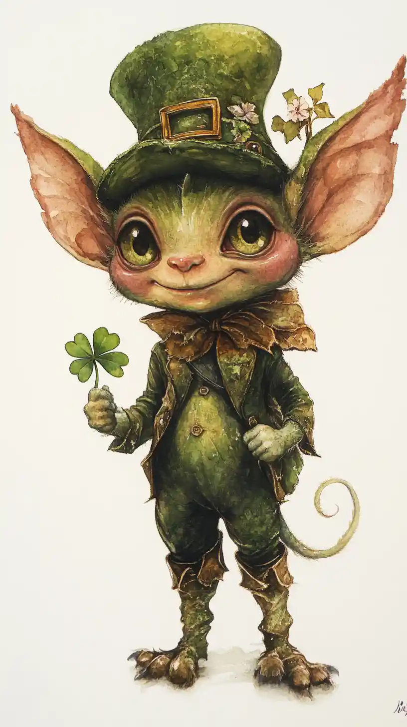 Leprecauno ad acquerello fiabesco con trifoglio su sfondo bianco