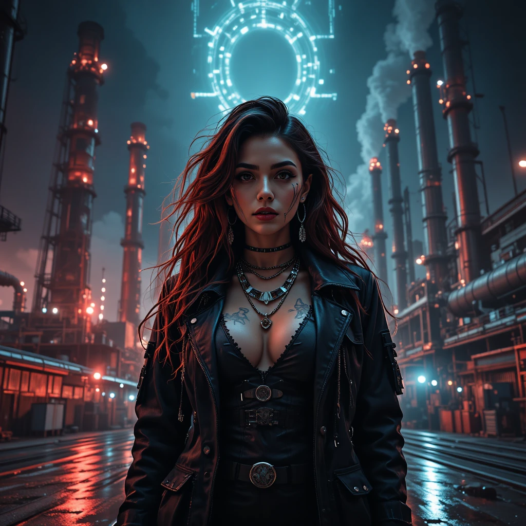 Ritratto cyberpunk di una donna dai capelli rossi in una notte industriale