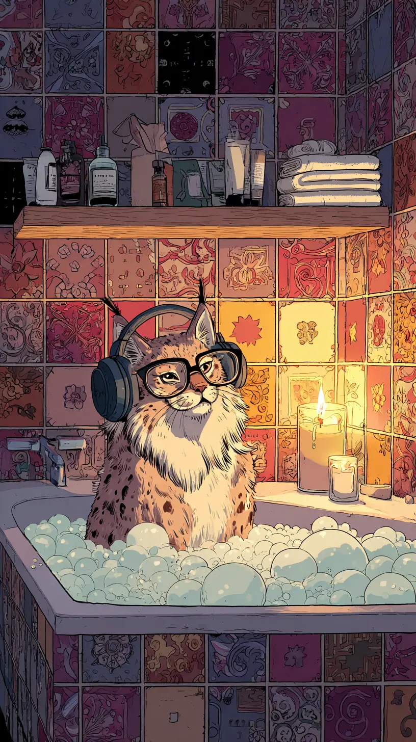 Cartoon lynx wearing headphones relaxing in bubble bath