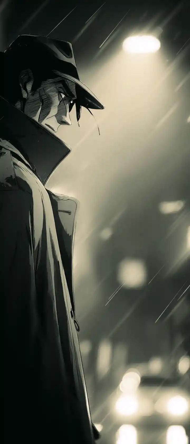 Detective anime in trench sotto un lampione sotto la pioggia