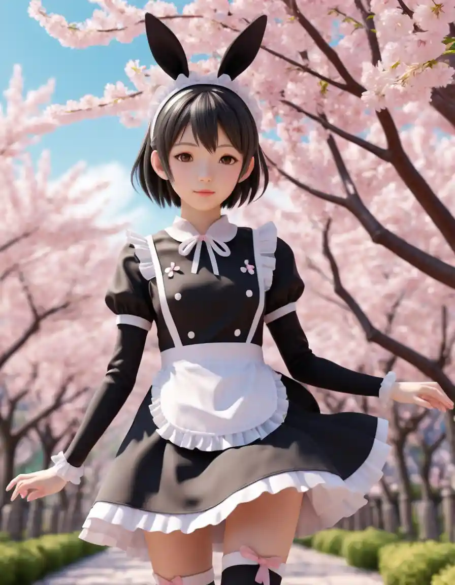 Anime maid girl under falling cherry blossom petals