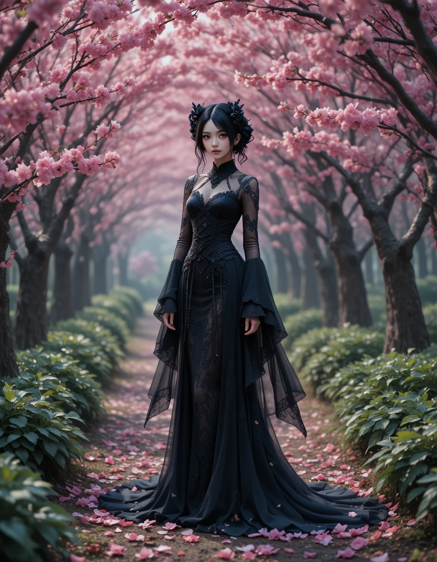 Gothic anime bride in black among falling cherry blossoms