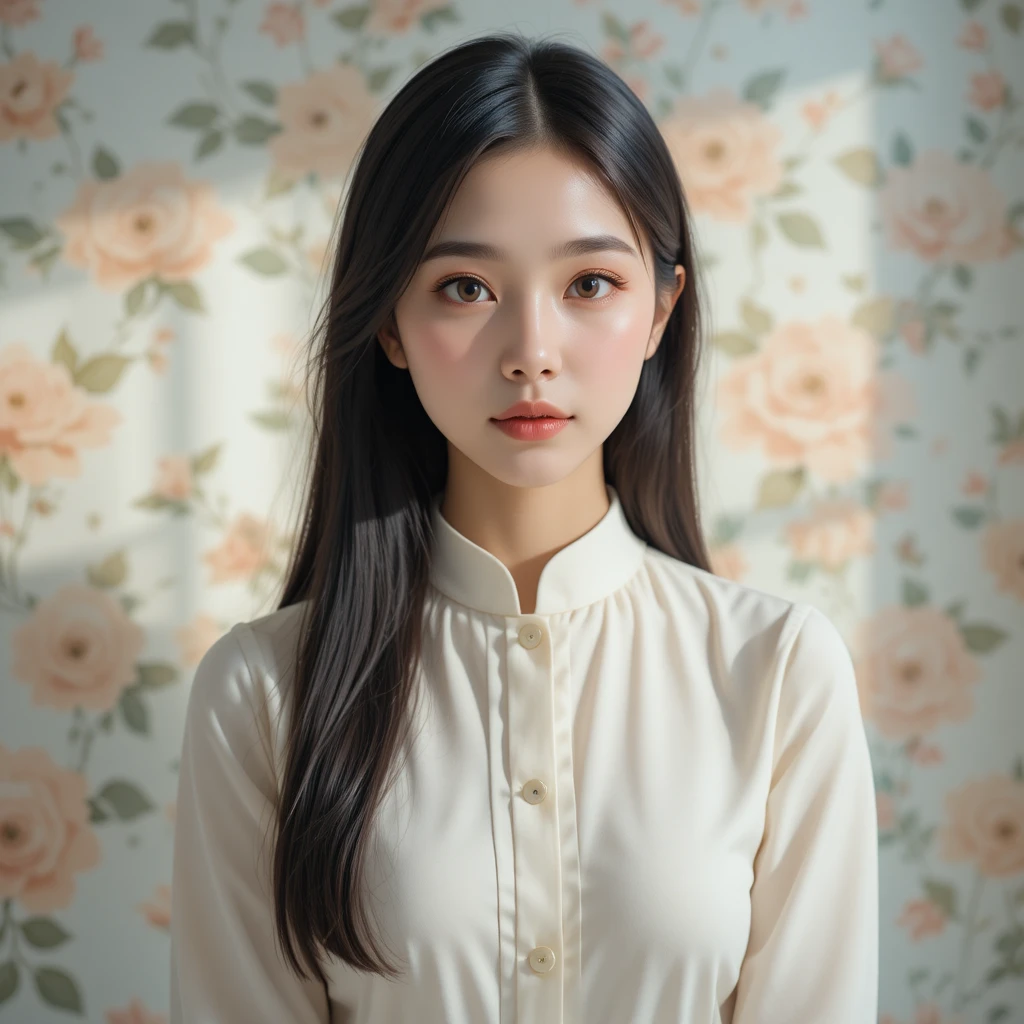 Young Asian woman portrait with soft floral background