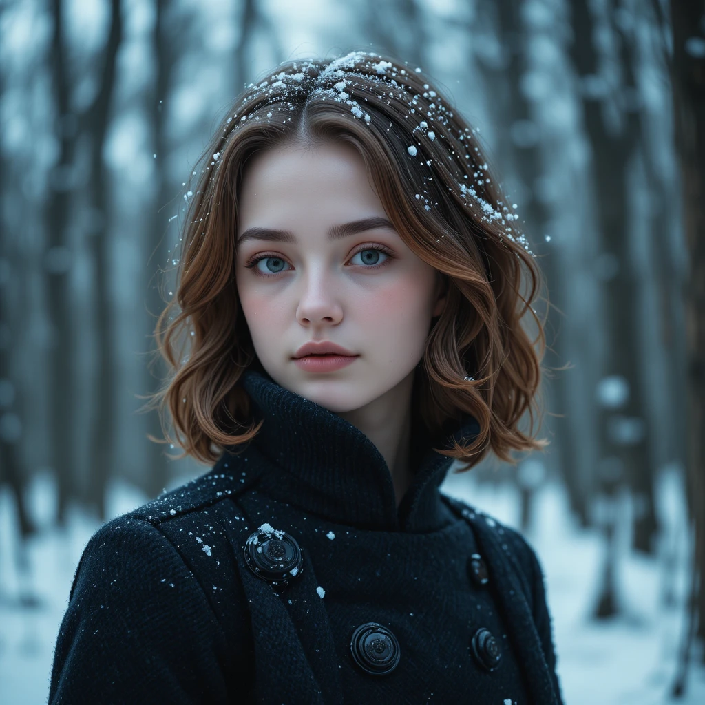 Ritratto cinematografico di una giovane donna in una foresta invernale innevata
