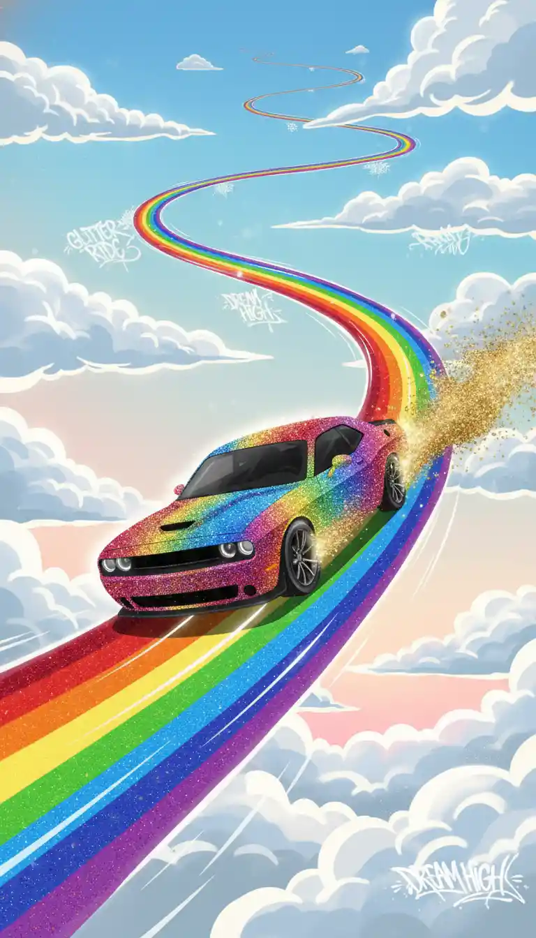 Glitter Muscle Car Driving On A Radiant Rainbow Bridge