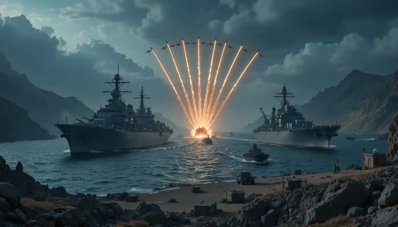 Massive tanker convoy escorted by gray warships at sea