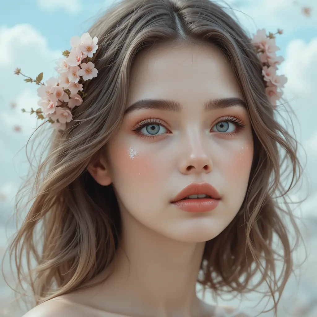 Chica de ojos azules con flores de cerezo y piel radiante