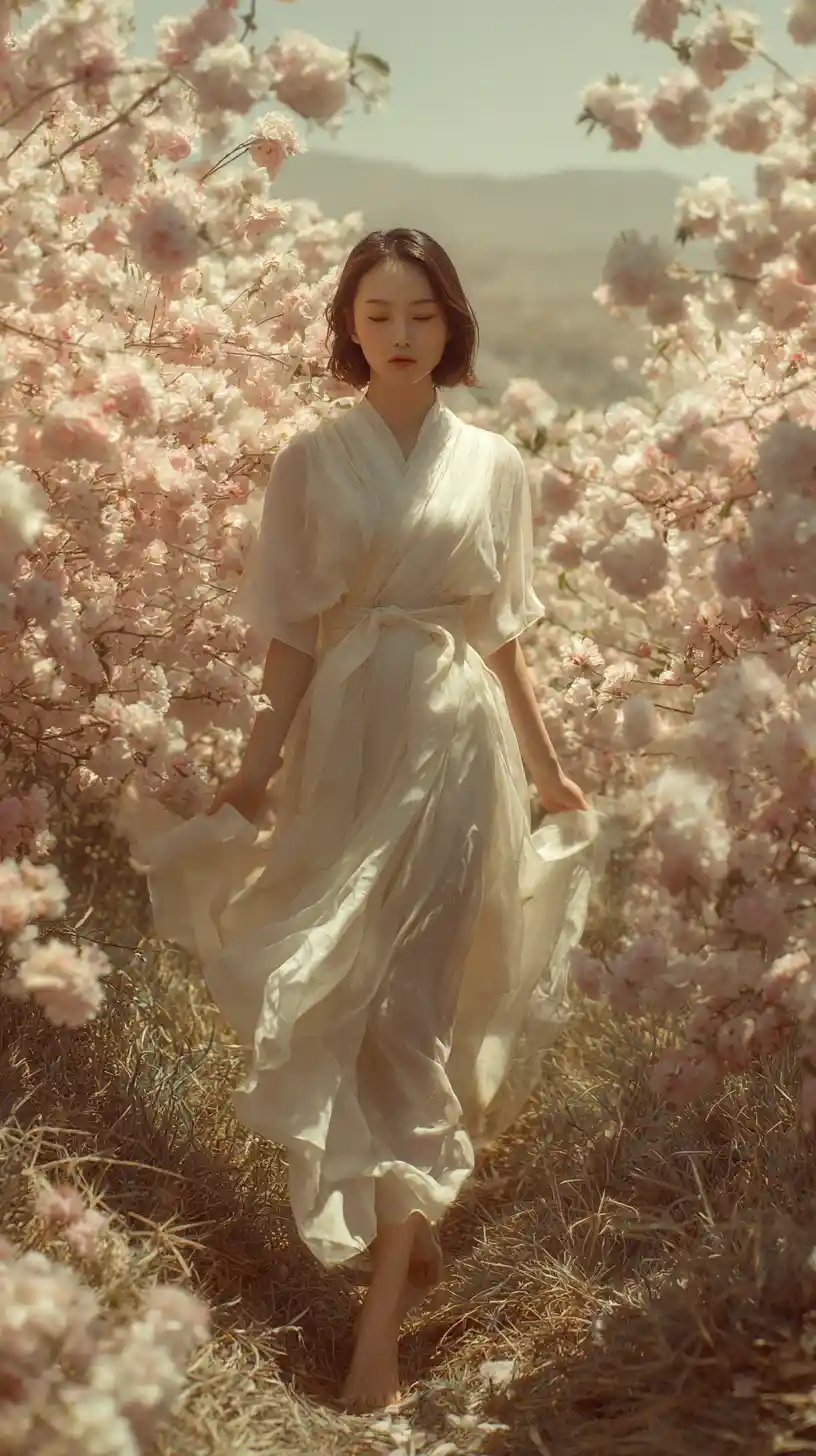 Chinese woman in white dress walking through peony field