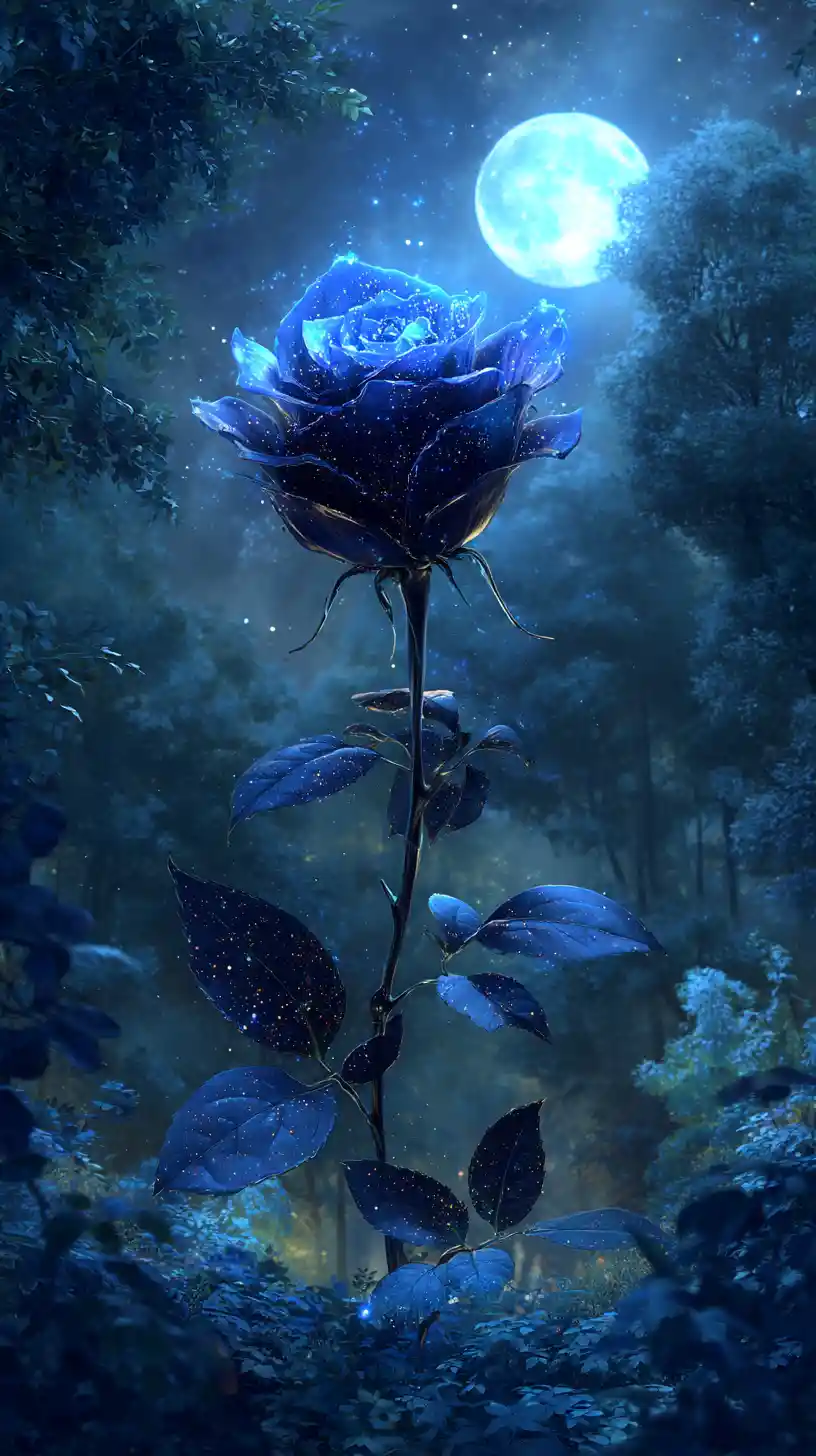 Rosa de vidro brilhante em uma floresta fantástica ao luar